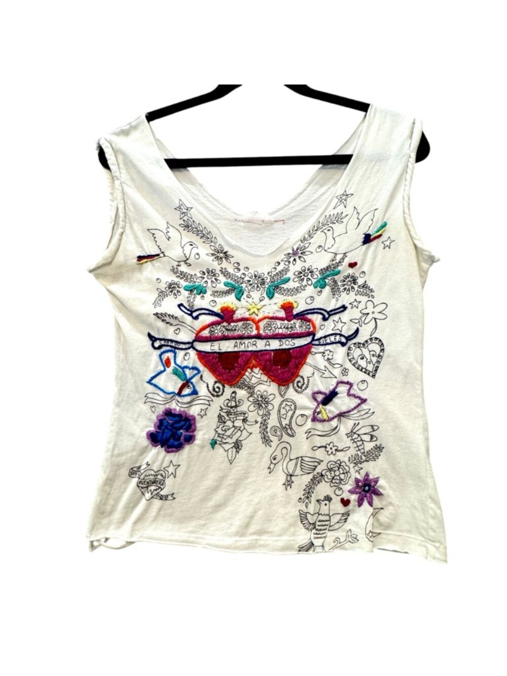 Vintage Y2K Embroidered White Tank Top Retro Festival Tattoo Distressed Size M - Picture 2 of 9